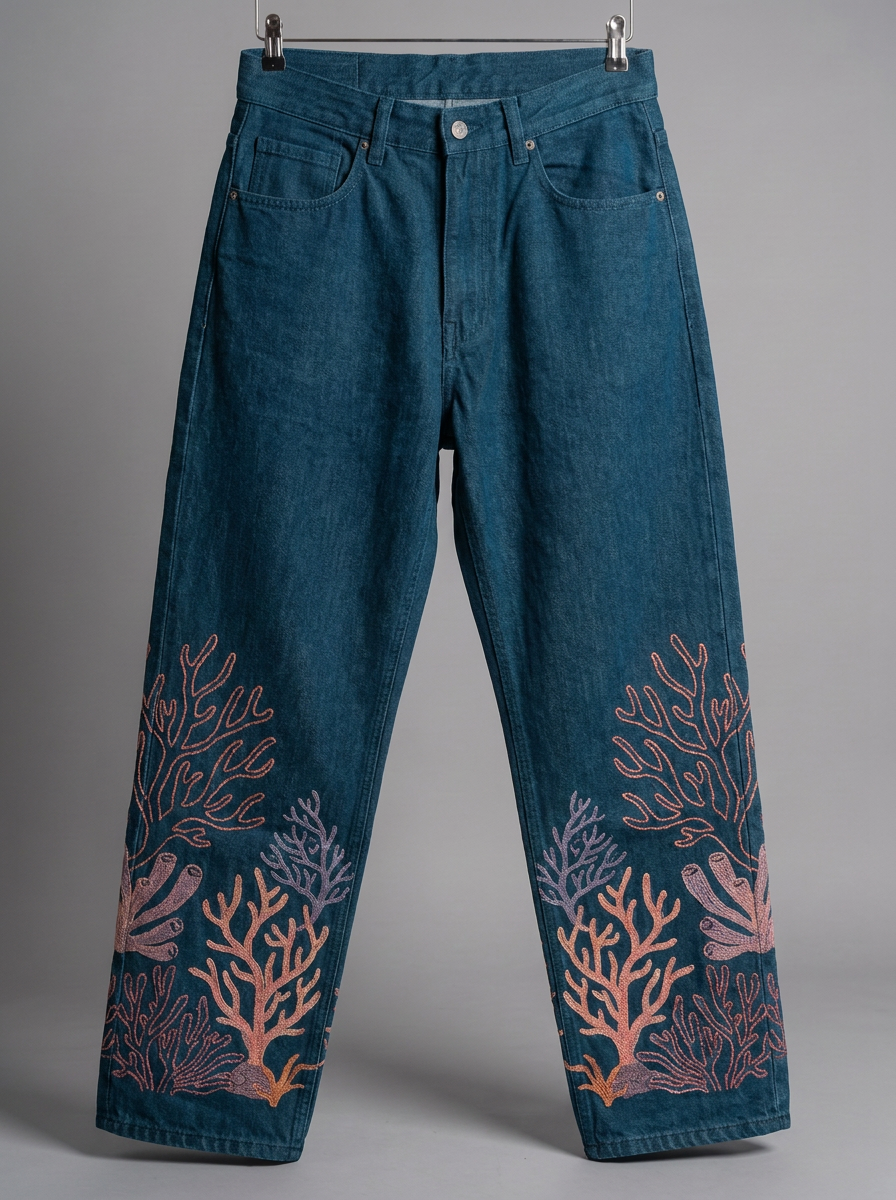 Coral Pants, front with embroidered coral