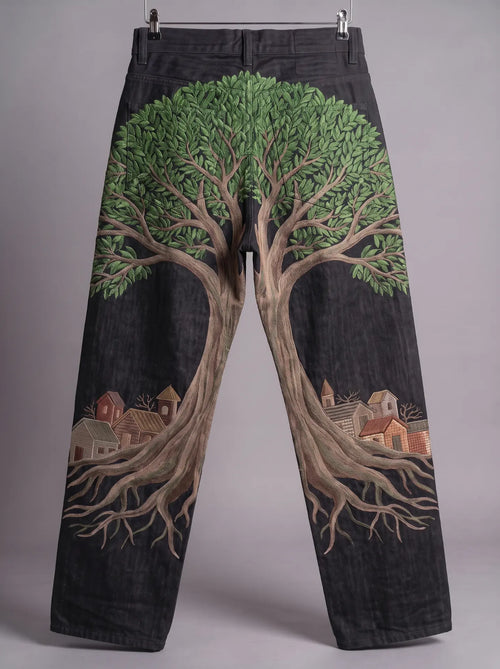 Cotton Tree Pants, back with embroidered tree and village