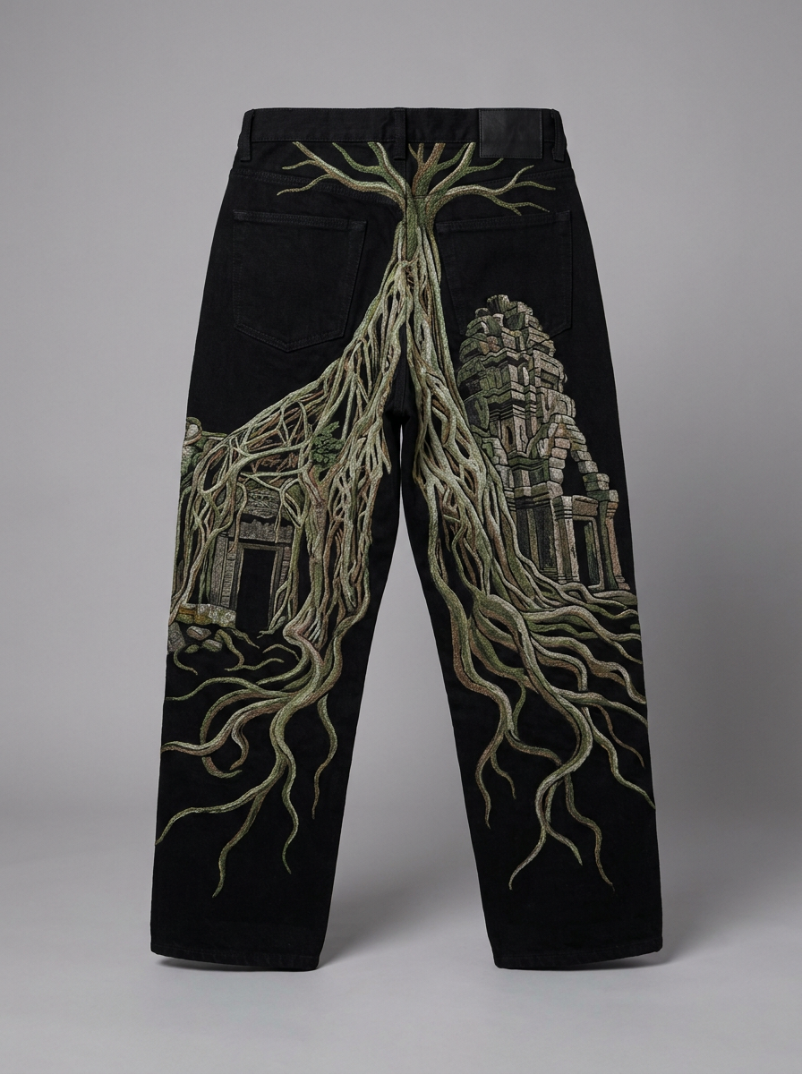 Temple Pants, back with embroidered roots and temple ruins