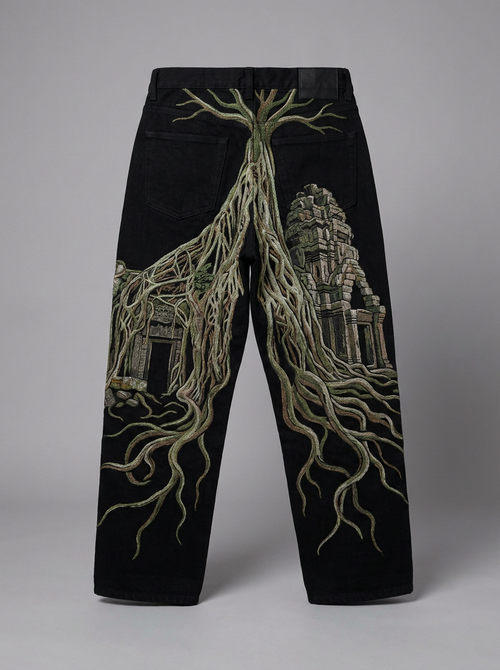 Temple Pants, back with embroidered roots and temple ruins