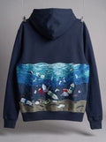 Plastic Soup Hoodie, back with embroidered ocean and plastic waste