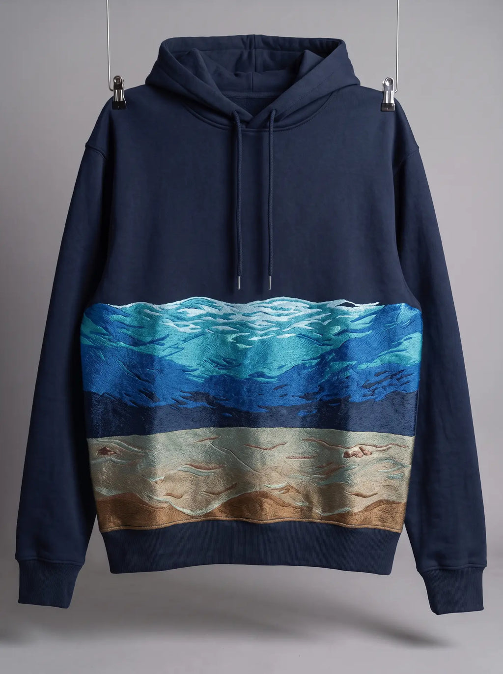 Plastic Soup Hoodie, front with embroidered ocean